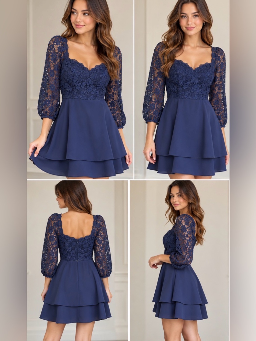 B Darlin Junior’s Sweatheart -Neck Lace-sleeve A-Line Blue Dress Size 9/10
